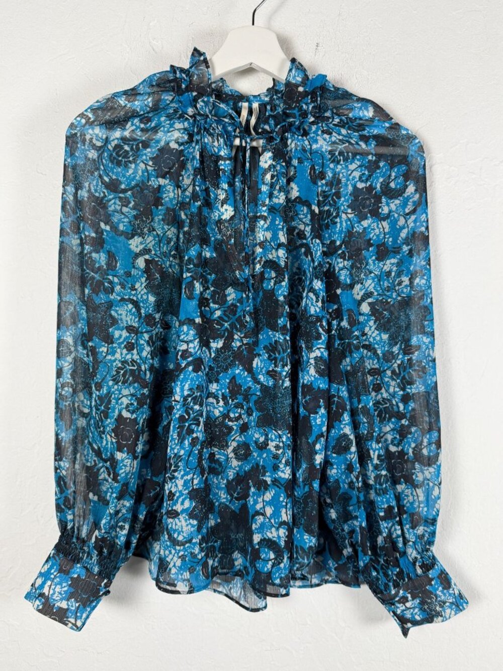 ANTHROPOLOGIE Sheer Printed Peasant Blouse Blue Black Floral Ruffle Neck Small